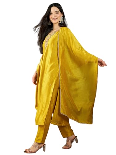 Varanga Women A Gracefully Beaded Yoke Kurta Paired With Solid Trousers And A Matching Dupatta