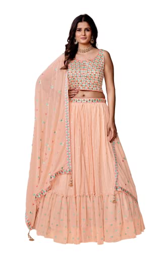 FUSIONIC Thread With Pearl Peach Ruffle Lehenga
