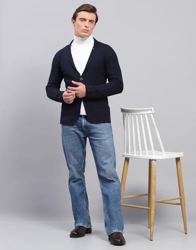Monte Carlo Mens Navy Blue Self Design V Neck Full Sleeve Coat (1239388KC-148-42)