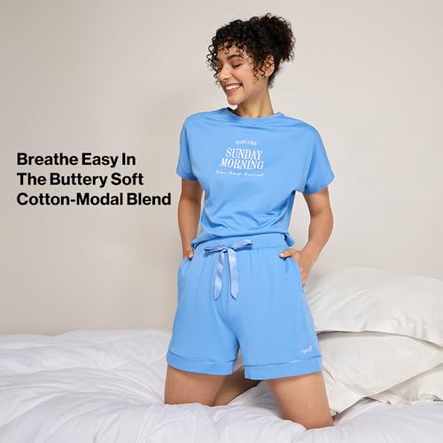 NYKD (NYS912 Soft Cotton Modal Shorts for Women | Relaxed Fit with Non Slip Elasticated Waistband, Adjustable Drawcord & 2 Side Pockets | Ideal for Night, Lounge Blue