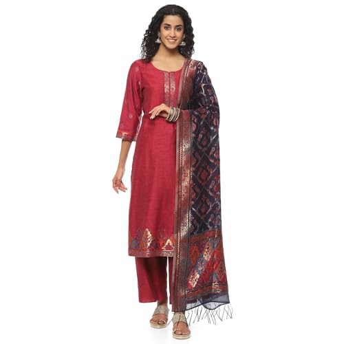 BIBA Women YARNDYED STRAIGHT SALWAR KURTA DUPATTA(SKDARTSY WE9103_PINK_42)