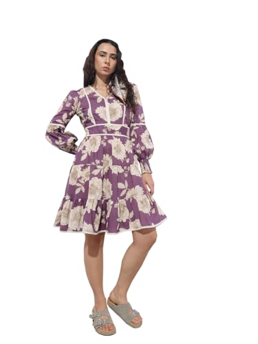 Divena Purple V-Neck Midi Cotton Dress-DK2313