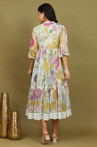 W for Woman White Floral Printed Tiered Chiffon Dress with Lace Detail (Size: S)-W12410-125443