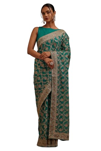 Soch Womens Turquoise Blue Georgette Embroidered Saree With Stone Work