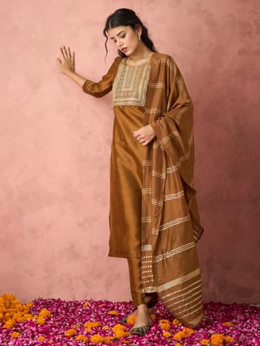 Hritika Women's Brown Silk Blend Embroidered Kurta Set with Dupatta_RE_HRKBD0200BROWN_L