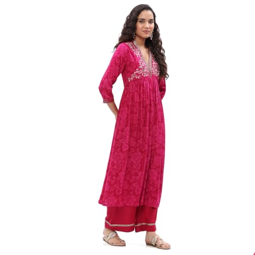 BIBA Women's Rayon Kurta Sets (SKDASRT10215AW24FUS_Fuchsia