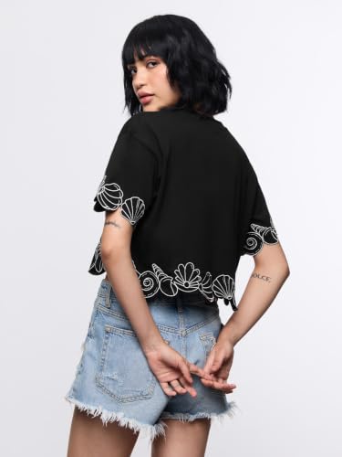 The Souled Store Seashell Women and Girls Short Sleeves Round Neck Black Embroidered Cotton Oversized Crop Fit Lightweight Everyday Casual T-Shirts
