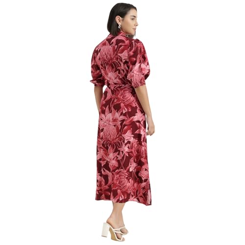 United Colors of Benetton Regular Fit Spread Collar Tropical Printed Dress (Size : XS) - 26P4DRESS057I901 Maroon