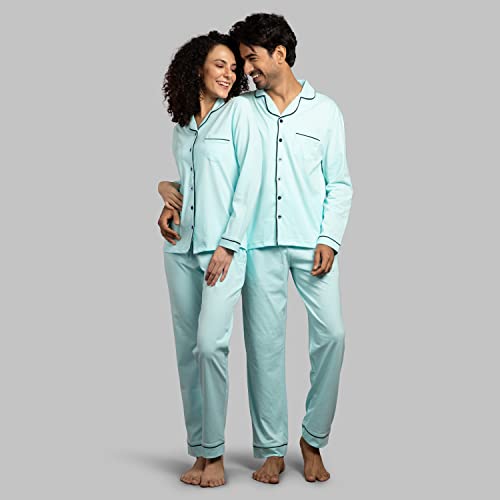 NITE FLITE Aqua Mens 100% Cotton Nightwear | Top and Pyjama Set (Mint, S)
