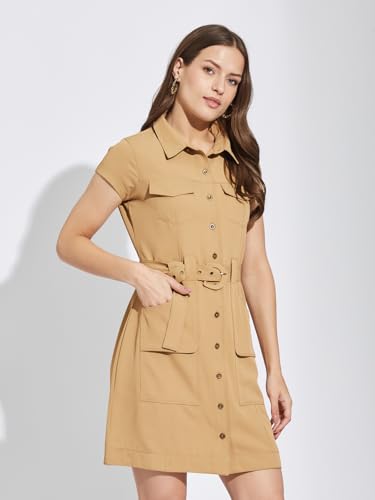 Latin Quarters Women Beige Collar Neck Cap Sleeves Solid Above Knee Shirt Dress for Casual Wear_S