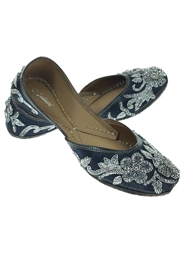 Fulkari Women Poppy Gunmetal Silver Soft Leather Embroidered Jutis | Bite and Pinch Free Jutti | Punjabi Formal Juttis | Girl's Wedding Flat Ladies Mojari | Formal Ethnic Juti | 41