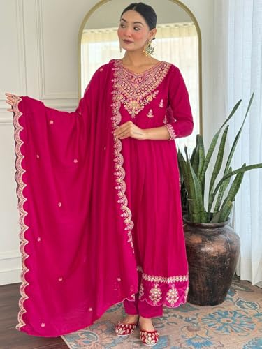 VARNI FABRICS: A lady's First Love Women's Vichitra Silk Pink Embroidered Flared Kurta With Pant And Dupatta,Ethnic Set (IN, Alpha, M, Regular)
