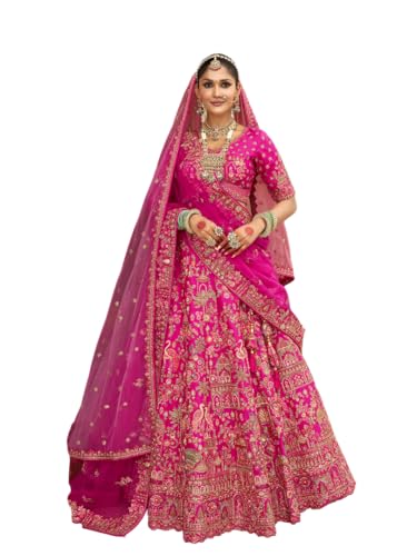 Traditional Bridal Lehenga Choli with Gold Embroidery, Hot Pink, Heavy Zari Work with Dupatta (Pink, XL)
