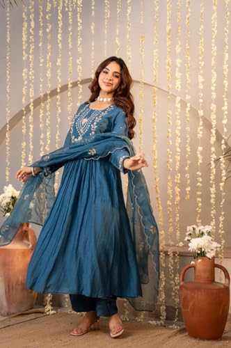 VARNI FABRICS: A lady's First Love Women's Chanderi Silk Embroidered Anarkali Kurta With Pant And Dupatta Set,Ethnic Wear (IN, Alpha, M, Regular, Blue)