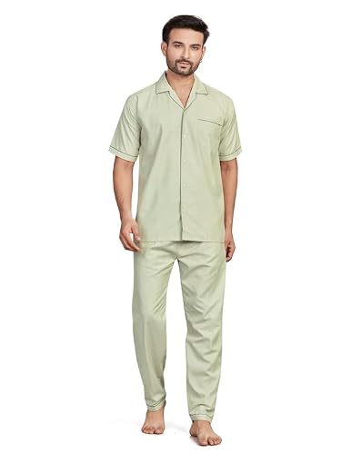 Tatwam Pick N Pick Woven Cotton RICHED with Polyester Half Sleeve Mens Nightsuit with Fully Elastic Pajama and Buttoned TOP Pista