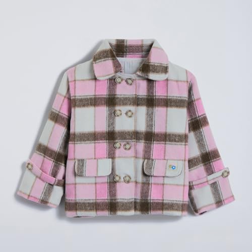Hopscotch Girls Full Sleeves Pink Plaid Fleece Jacket For Ages(12-24 Months)