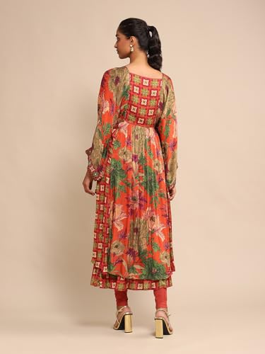 Ritu Kumar Orange Floral Print Kurta With Legging And Dupatta