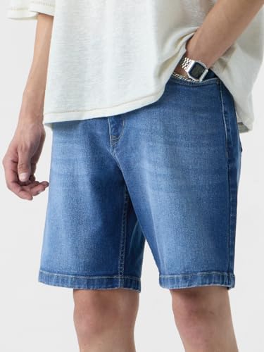 The Souled Store Denim Shorts: Midnight Blue Men and Boys Buttoned Solid Knee Length Cotton Blend Denim Shorts