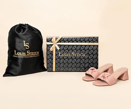 LOUIS STITCH Women’s Fashion Slip-On Block Heel Sandals | Open Toe Stylish Bow Strap Peach Pink Mule Heel Sandal for Ladies, Fashionable and Comfortable Sandal | LSOF-LDBH-KSPE | UK-5