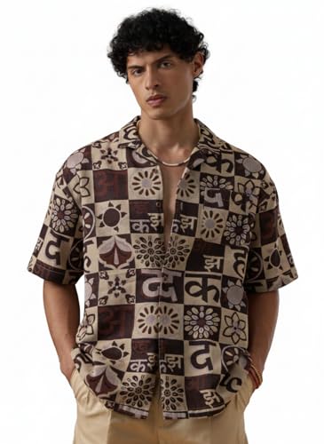 The Souled Store Nomad: Akshara Men and Boys Short Sleeve Cuban Collar Beige All Over Print Cotton Blend Casual Lightweight Easy to Style Trendy Oversized Shirt