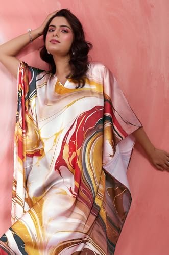 Label Aarna Classic Marble Soft Satin Women Kaftan Dress with Digital Print