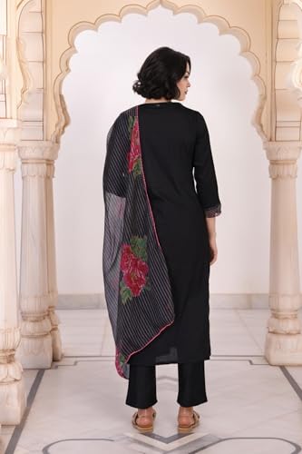 W for Woman Floral Embroidered Straight Woven Kurta with Pant and Dupatta Set - Black (WS12972-223738-XL)