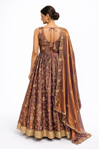Royal Plum Anarkali A-line Gown with Antique Gold Motifs and Graceful Festive Heritage Charm Ensemble (in, Alpha, S, Regular)
