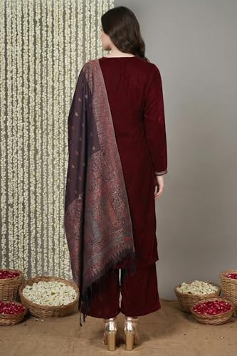 W for Woman Maroon Straight Kurta with Parallel Pant and Dupatta - (WS13312-224203-XL)