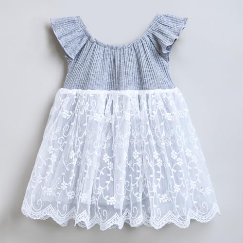 Hopscotch Girls Ruffled Sleeves Grey Pure Cotton Embroidered Dress with Headband (6-9 Months)
