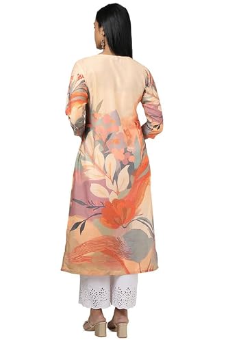 Soch Womens Peach Muslin Floral Print Kurta with Mirror Work