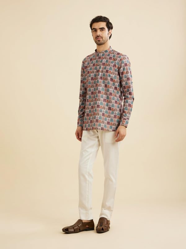 Manyavar Men's Cotton Blend Digital Print Short Kurta (Beige,XXL)