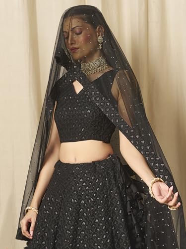 Zeel Clothing Women's Sequins Thread Embroidered Georgette Lehenga Choli With Dupatta (5124-Women-Lehenga-Choli-New; Free size) (Yellow) (Black)
