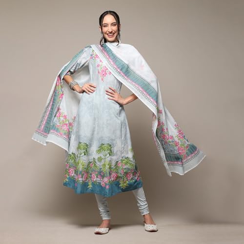 BIBA Women's Powder Blue Cotton Anarkali Kurta Churidar Suit Set_36
