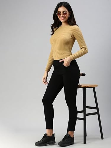 De Moza Women Jegging Woven Bottom Solid Cotton Black