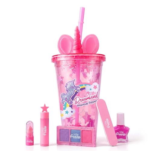 Princess by RENEE Dreamland Makeup Sipper For Kids & Preteens | Includes Lip Balm, Lipstick, Nail Polish, Eyeshadow, Nail File | Safe & Gentle Ingredients, Easy To Wash Off | 1 Unit