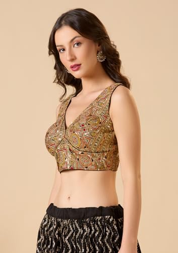 S SALWAR STUDIO Black Embroidered Georgette V Neck Sleeveless Readymade Blouse