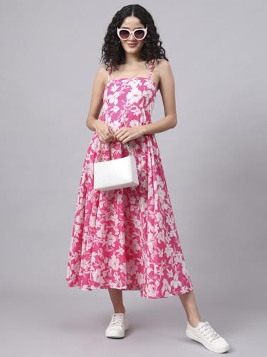 Divena Pink Floral Shoulder Straps Cotton Dress