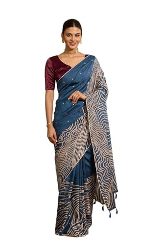 Taneira Women Dark Blue Murshidabad Block Print Pure Silk Saree with Unstitched Blouse Piece (SAIH01AC1467-Dark Blue)