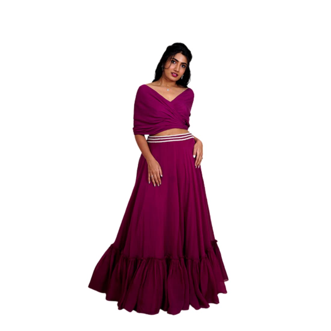 Avy's Label Lining Cotton Magenta Pink Drape Blouse and Ruffle Lehenga Machine Embroidery Work (Magenta Pink, 40)