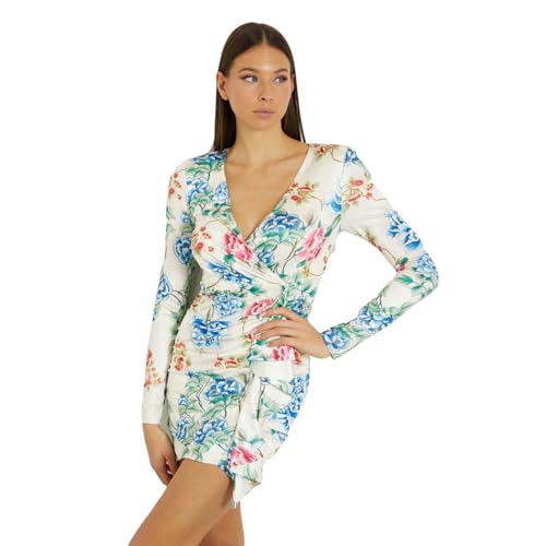GUESS Women's White Polyester Floral Print Regular Fit Full Sleeves Dress