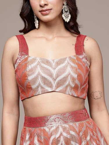 Aarke Ritu Kumar Peach Brocade Sweetheart Neck Blouse With Lehanga And Dupatta