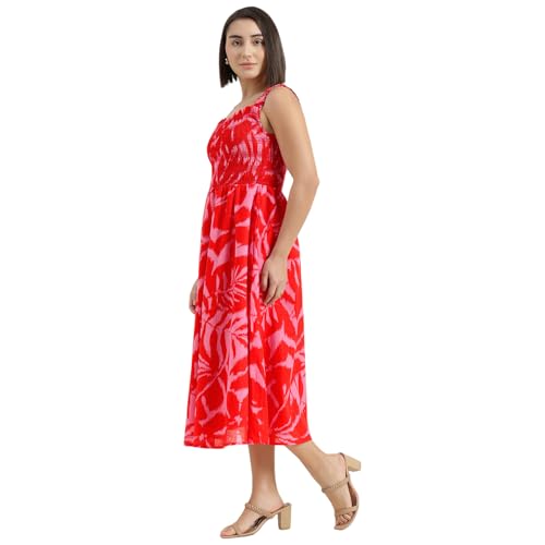 United Colors of Benetton Regular Fit Shoulder Straps Printed Dress (Size : L) - 26P4WVNDR327I901 Red