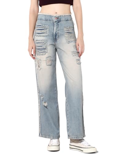 ONLY Women's Solid Straight Fit High-Rise Blue Jeans