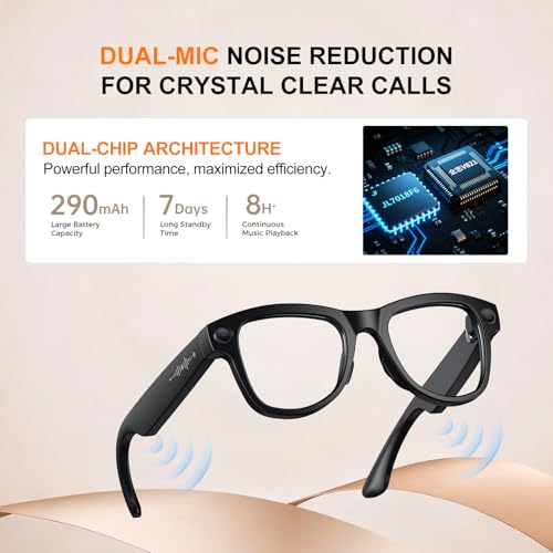 Stormfashion AI Smart Glasses with Camera & Bluetooth, 8MP HD Video Recording, Auto-Tinting Lenses, Open Ear Speakers, Real-Time Translation, for iOS/Android (Clear)