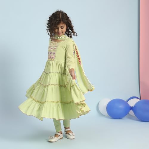 BIBA Girls Pastel Green Tiered Cotton Solid Kurta suit set