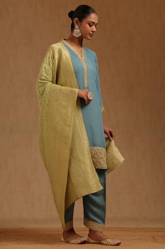 Soch Womens Turquoise Blue Silk Shimmer Solid Suit Set With Mirror Work