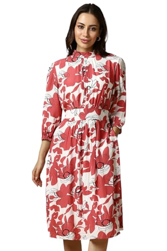 Allen Solly Women's Viscose Modern Knee-Length Dress (AHDRWRGFY21749_Red