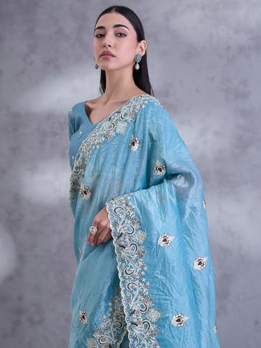 SAREE MALL Women's Light Blue Paper Silk Embroidered Saree With Unstitched Blouse (DHNIYA2032C_DC)