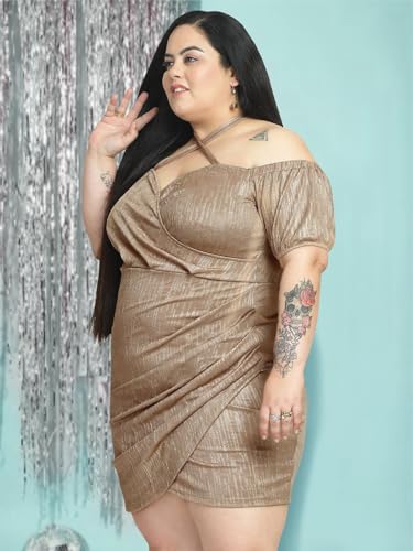 wild U Women Plus Size Dress | Shimmer | Off Shoulder | Stretchable | Mini | Wrap | Western Stylish (Beige - 6XL)