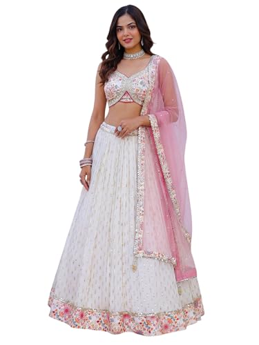 Zeel Clothing Women's Sequins Zari Embroidered Work Georgette Lehenga Choli With Dupatta (7070-White-Women-Lehenga-Choli; Free size) (White)